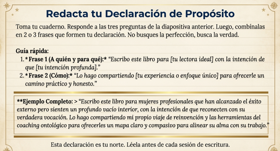 Redacta tu Declaración de Propósito: plantilla en 2 frases con audiencia, intención y enfoque